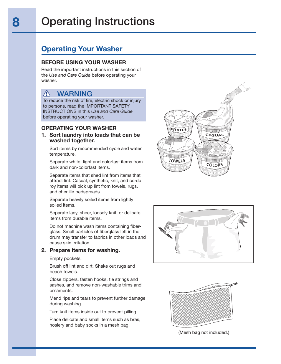 Operating instructions, Operating your washer, Warning | Electrolux Wave-Touch 137023200 A User Manual | Page 8 / 44