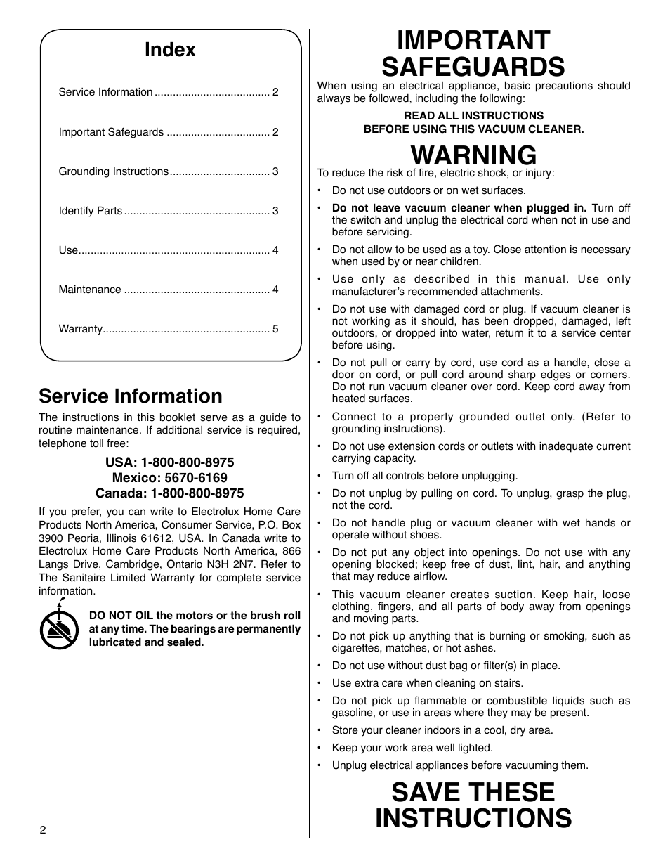 Important safeguards, Warning, Save these instructions | Index, Service information | Electrolux SC412 User Manual | Page 2 / 5