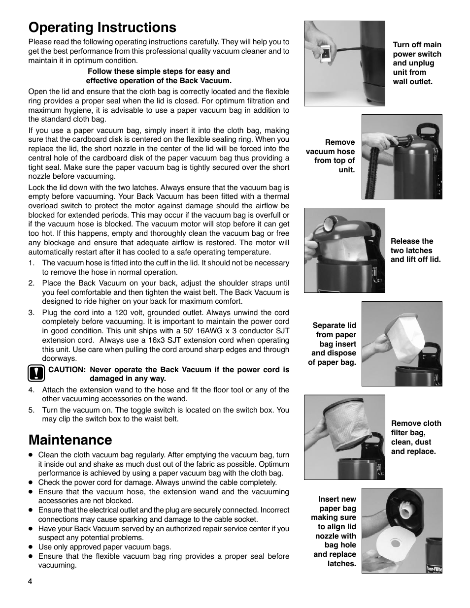 Operating instructions, Maintenance | Electrolux SC412 User Manual | Page 4 / 5