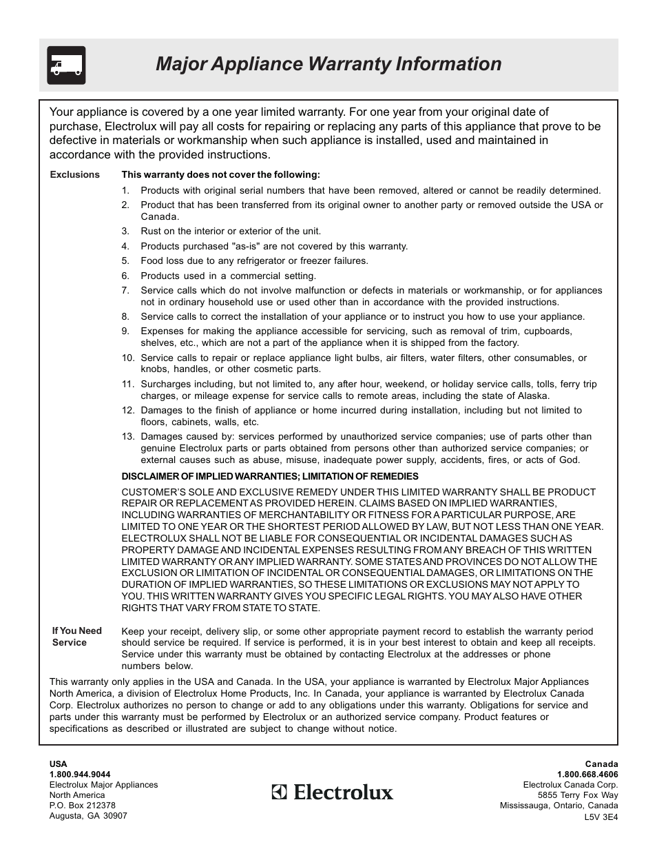 Major appliance warranty information | Electrolux ES510L User Manual | Page 32 / 32