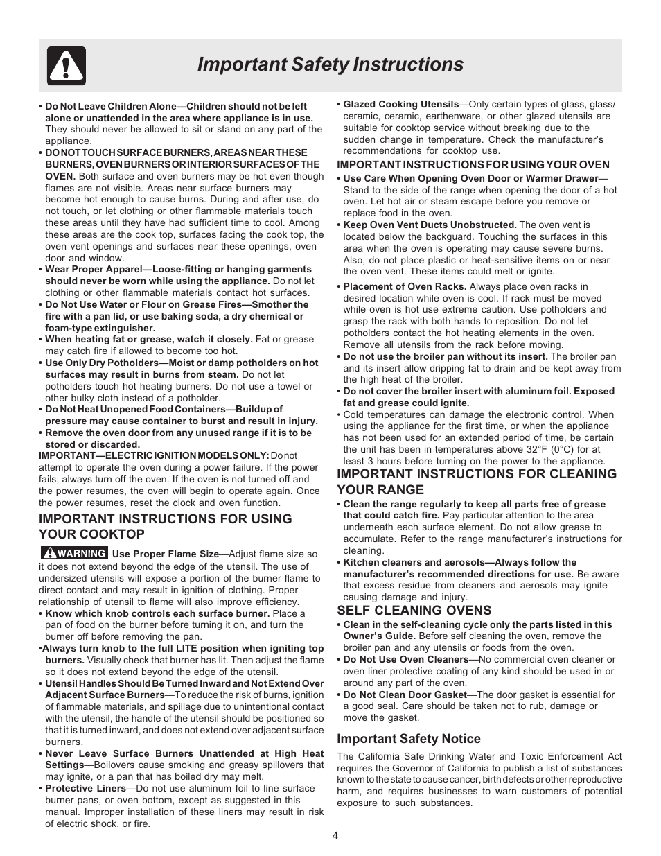 Important safety instructions, Important safety notice, Important instructions for cleaning your range | Self cleaning ovens, Important instructions for using your cooktop | Electrolux ES510L User Manual | Page 4 / 32