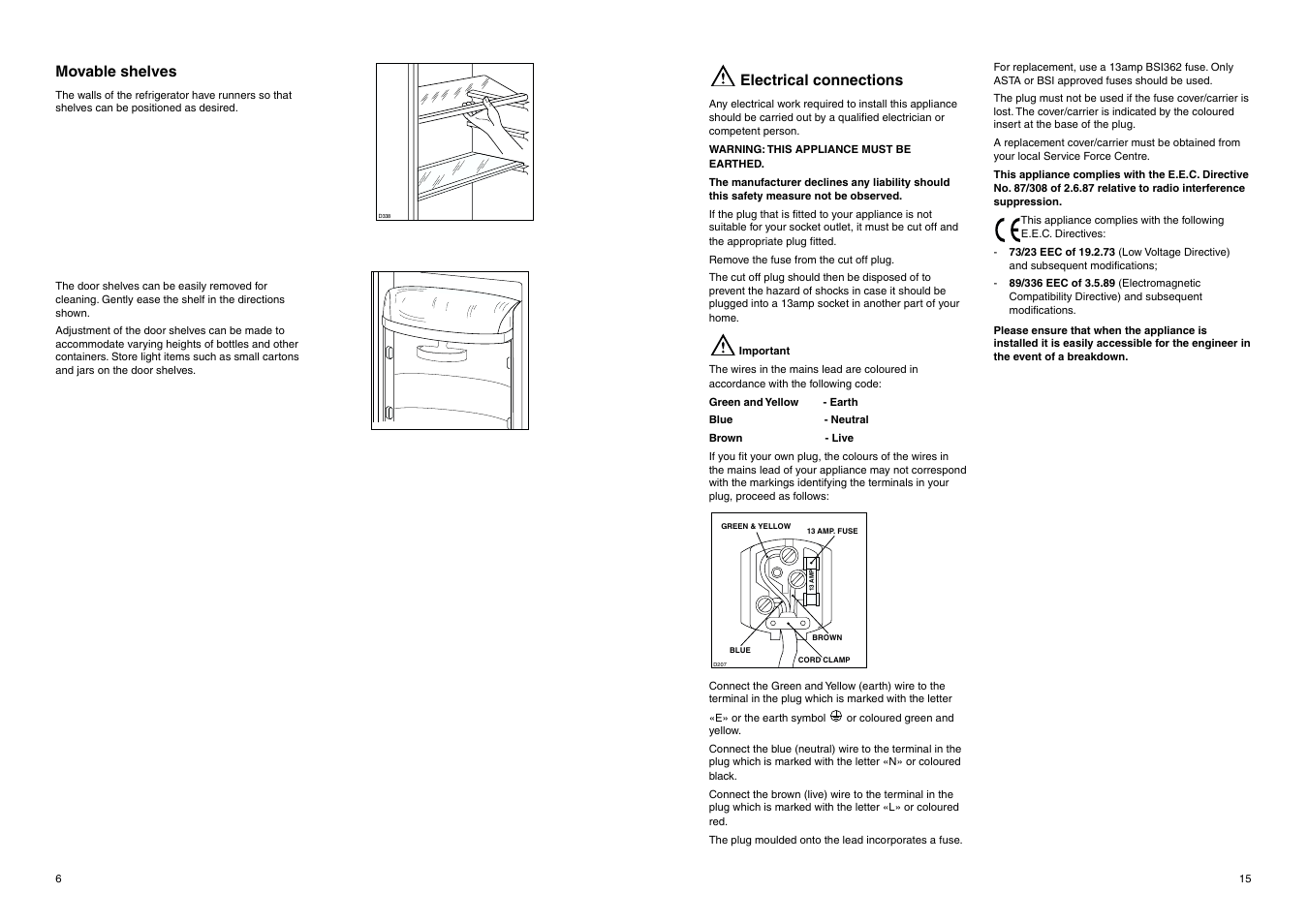 Movable shelves, Electrical connections | Electrolux ER 7526/1 B User Manual | Page 15 / 20