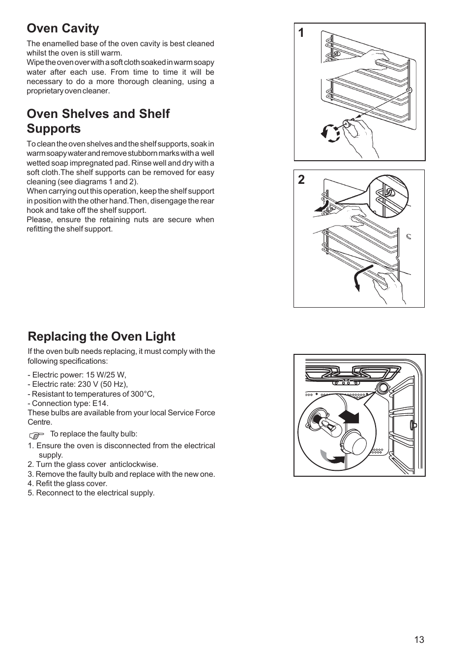 Replacing the oven light, Oven shelves and shelf supports, 12 oven cavity | Electrolux EOB 5700 User Manual | Page 13 / 20