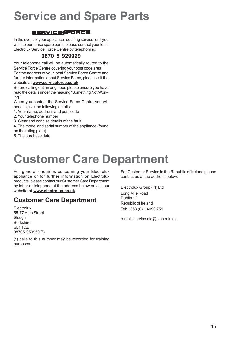 Service and spare parts, Customer care department | Electrolux EOB 5700 User Manual | Page 15 / 20