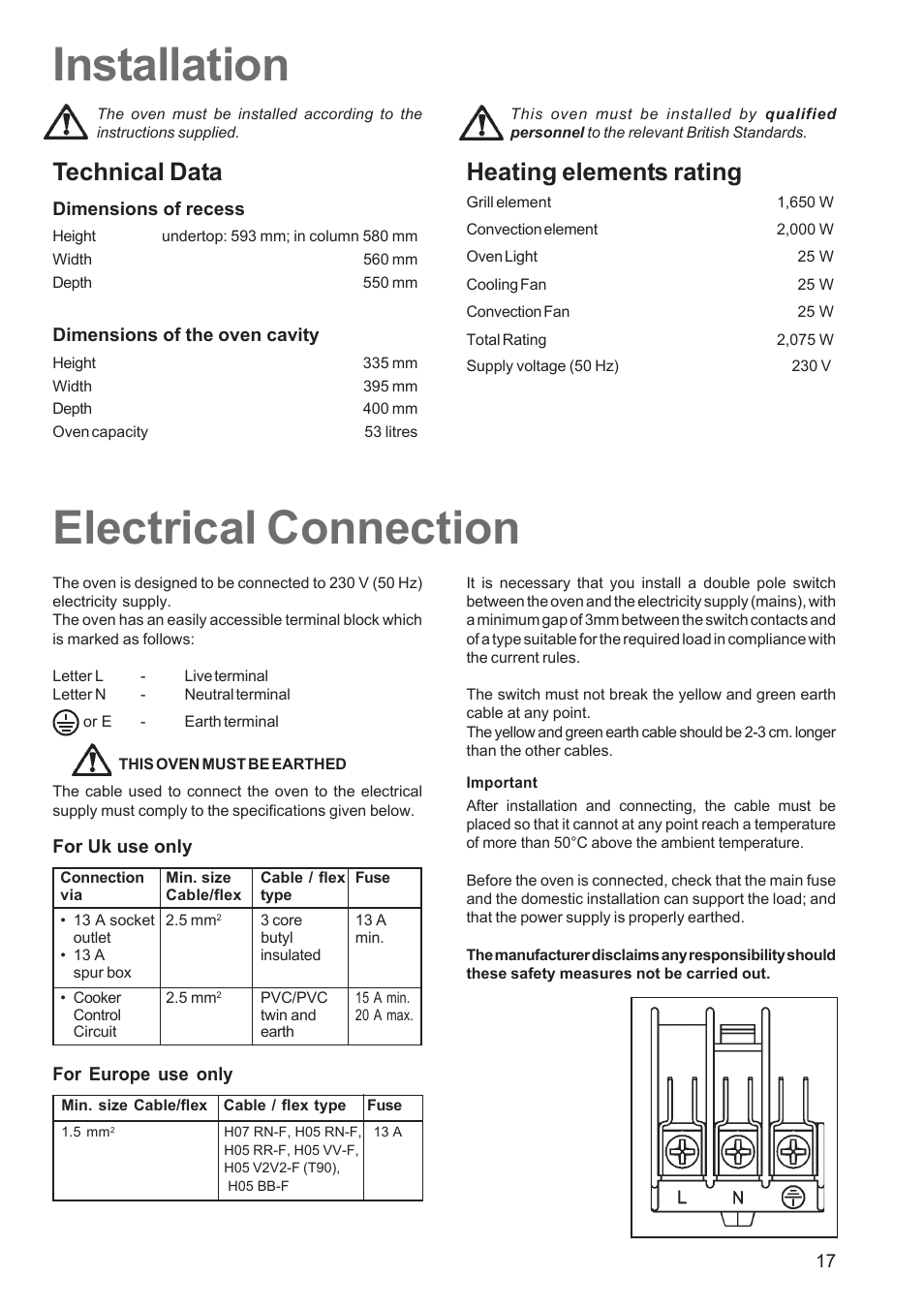 Electrical connection installation, Heating elements rating, Technical data | Electrolux EOB 5700 User Manual | Page 17 / 20