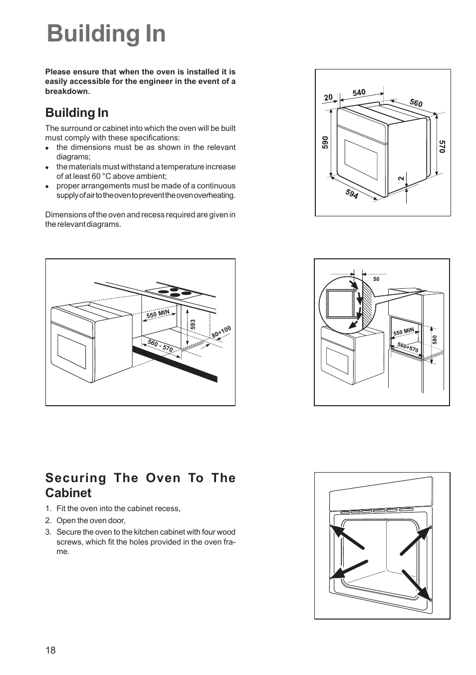 Building in, Securing the oven to the cabinet | Electrolux EOB 5700 User Manual | Page 18 / 20