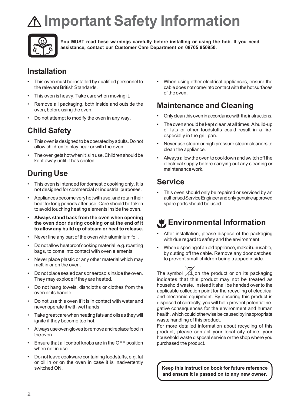 Important safety information, Installation, Child safety | During use, Maintenance and cleaning, Service, Environmental information | Electrolux EOB 5700 User Manual | Page 2 / 20