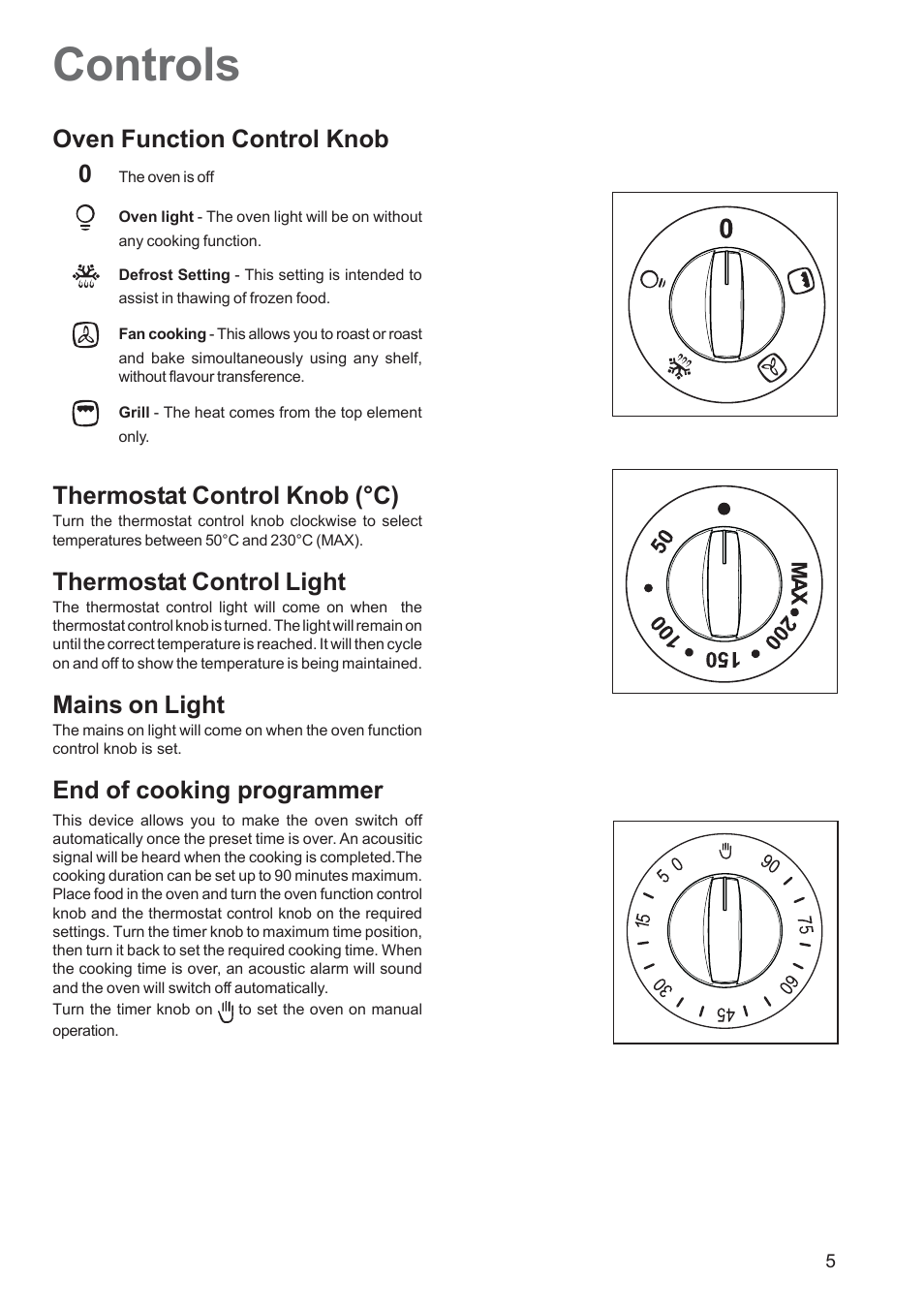 Controls, Oven function control knob 0, Thermostat control knob (°c) | Thermostat control light, Mains on light, End of cooking programmer | Electrolux EOB 5700 User Manual | Page 5 / 20
