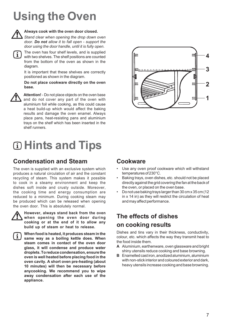 Hints and tips using the oven, Condensation and steam, Cookware | The effects of dishes on cooking results | Electrolux EOB 5700 User Manual | Page 7 / 20