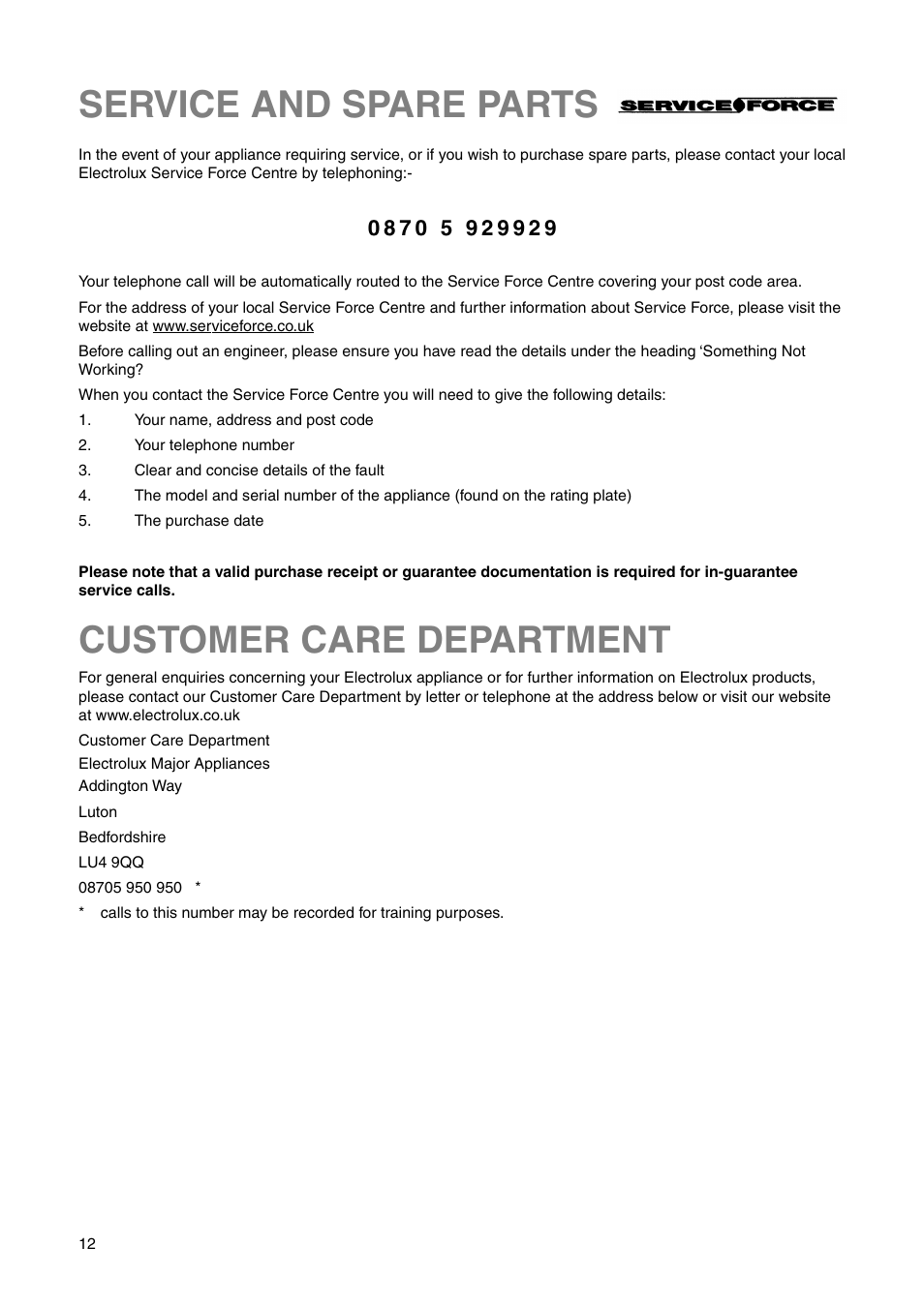 Customer care department, Service and spare parts | Electrolux ENN 26800 User Manual | Page 12 / 24