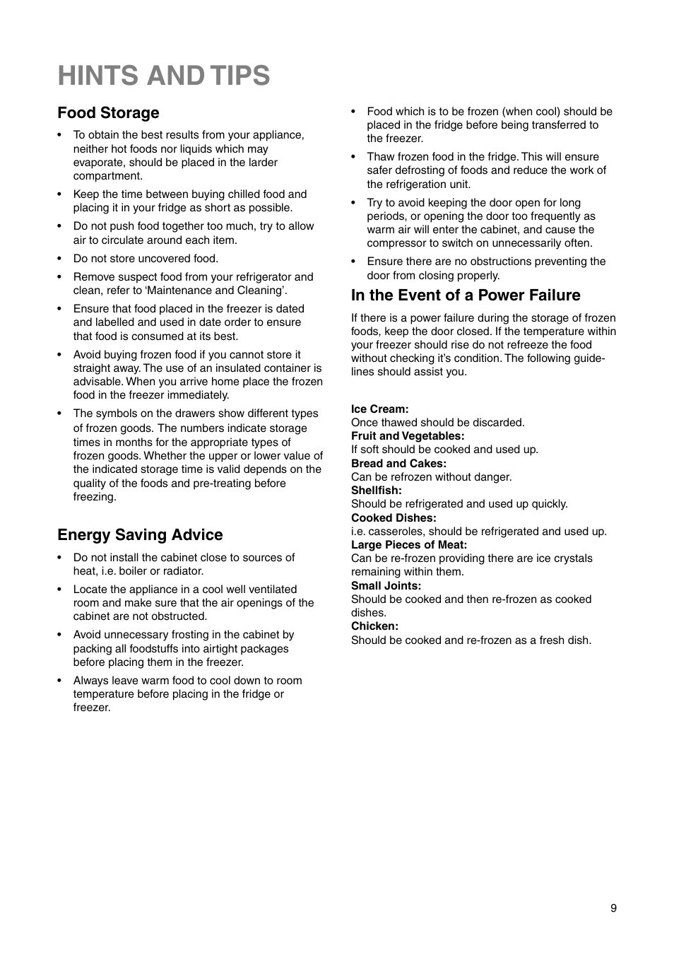 Hints and tips, Food storage, Energy saving advice | Electrolux ENN 26800 User Manual | Page 9 / 24