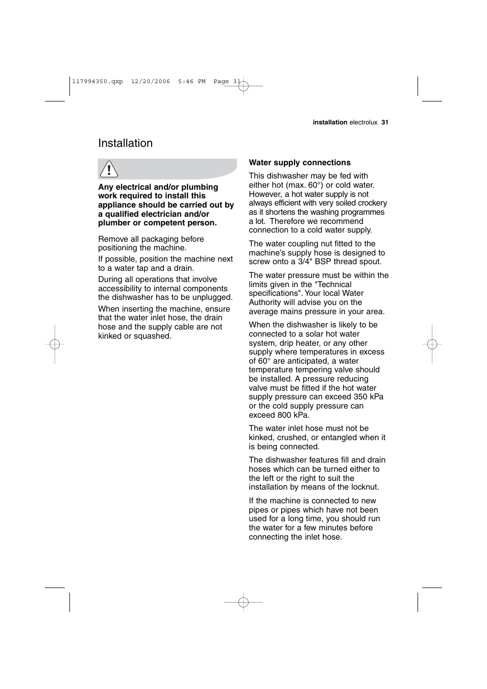 Installation | Electrolux DISHLEX DX303 User Manual | Page 31 / 40