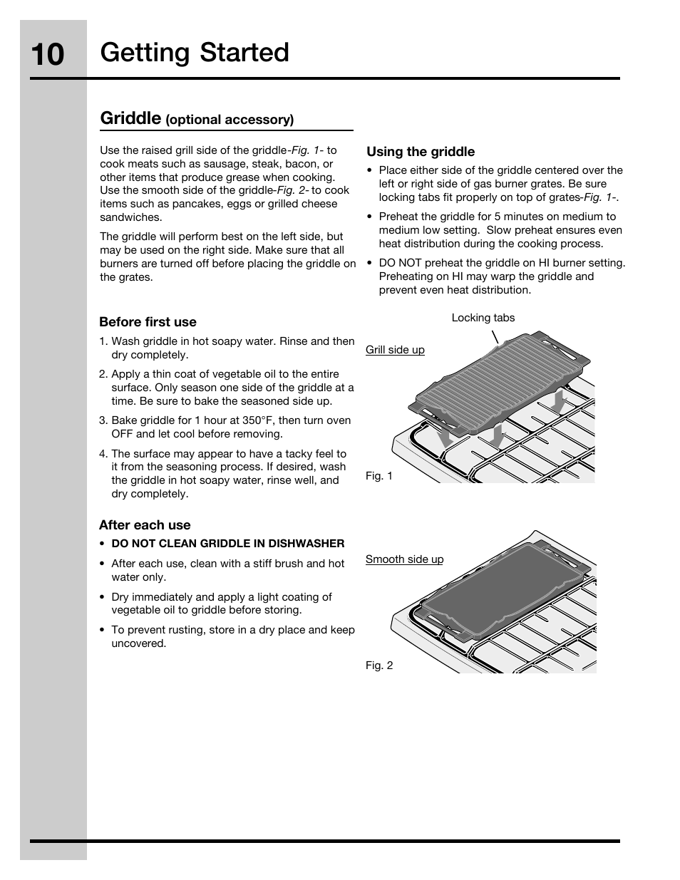 Getting started, Griddle | Electrolux 30" FREE-STANDING GAS WAVE-TOUCHTM RANGE 316471110 User Manual | Page 10 / 64