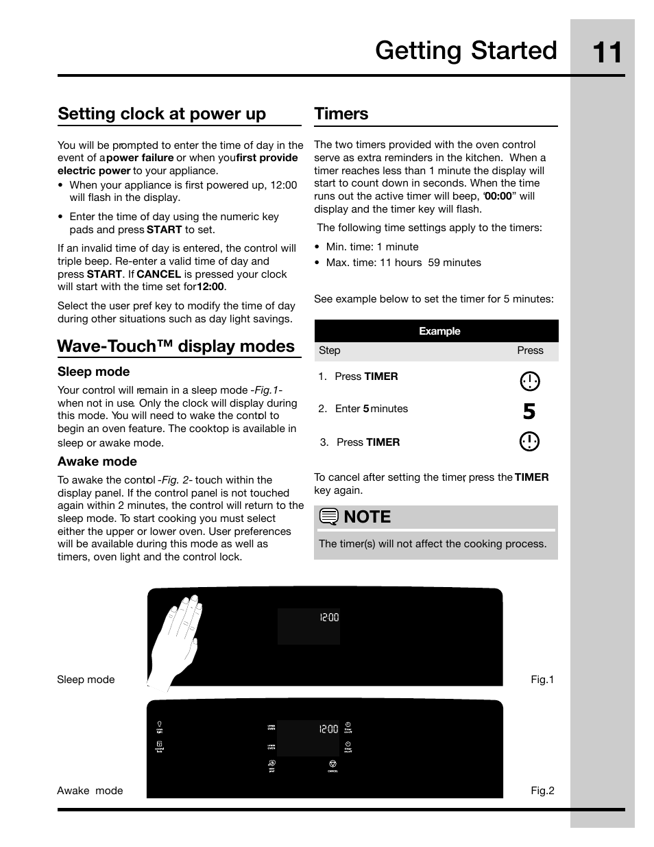 Getting started, Timers, Setting clock at power up | Electrolux 30" FREE-STANDING GAS WAVE-TOUCHTM RANGE 316471110 User Manual | Page 11 / 64