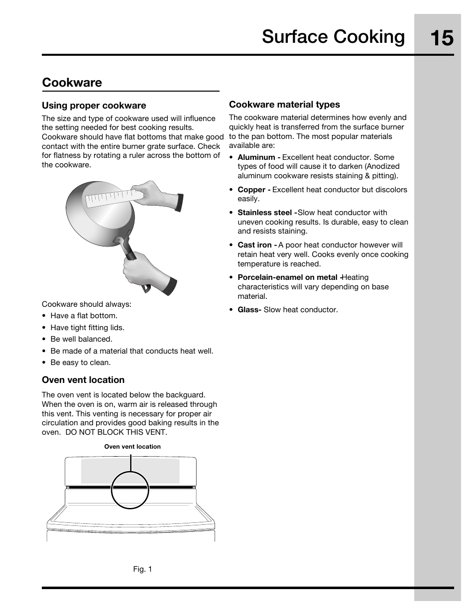 Surface cooking, Cookware | Electrolux 30" FREE-STANDING GAS WAVE-TOUCHTM RANGE 316471110 User Manual | Page 15 / 64