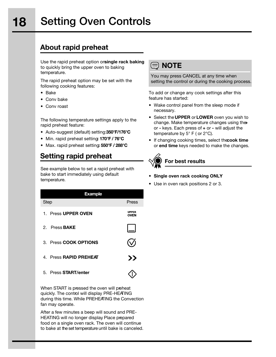 Setting oven controls, About rapid preheat | Electrolux 30" FREE-STANDING GAS WAVE-TOUCHTM RANGE 316471110 User Manual | Page 18 / 64