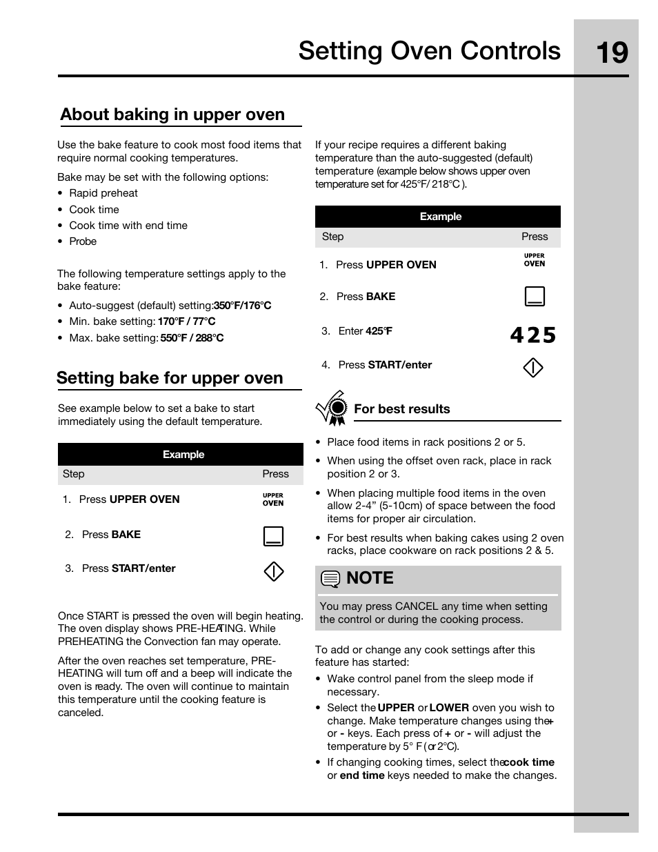 Setting oven controls, Setting bake for upper oven, About baking in upper oven | Electrolux 30" FREE-STANDING GAS WAVE-TOUCHTM RANGE 316471110 User Manual | Page 19 / 64