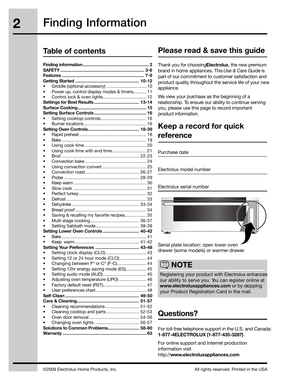 Electrolux 30" FREE-STANDING GAS WAVE-TOUCHTM RANGE 316471110 User Manual | Page 2 / 64