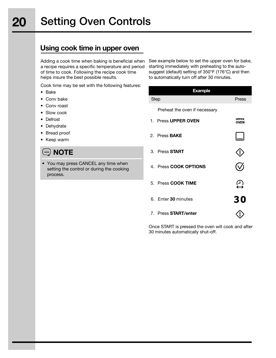 Setting oven controls, Using cook time in upper oven | Electrolux 30" FREE-STANDING GAS WAVE-TOUCHTM RANGE 316471110 User Manual | Page 20 / 64