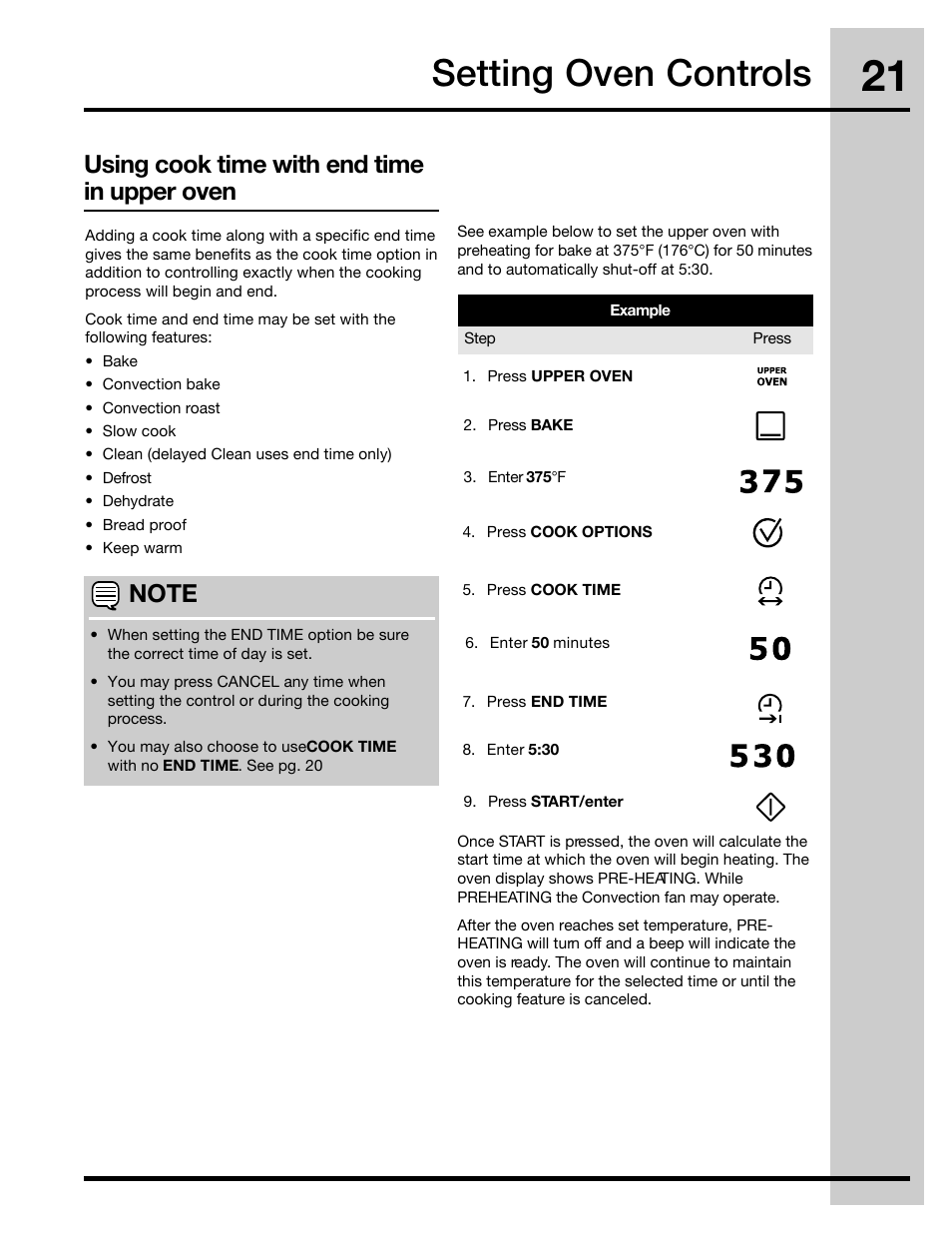 Setting oven controls, Using cook time with end time in upper oven | Electrolux 30" FREE-STANDING GAS WAVE-TOUCHTM RANGE 316471110 User Manual | Page 21 / 64