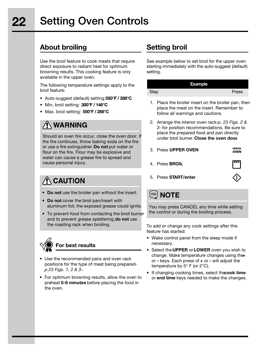 Setting oven controls, About broiling, Setting broil | Electrolux 30" FREE-STANDING GAS WAVE-TOUCHTM RANGE 316471110 User Manual | Page 22 / 64