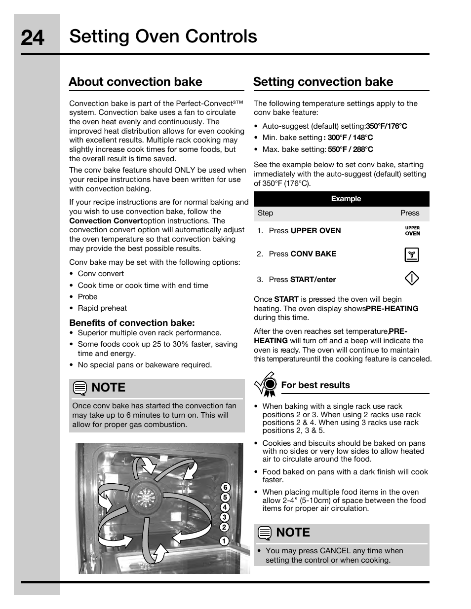 Setting oven controls, About convection bake setting convection bake | Electrolux 30" FREE-STANDING GAS WAVE-TOUCHTM RANGE 316471110 User Manual | Page 24 / 64