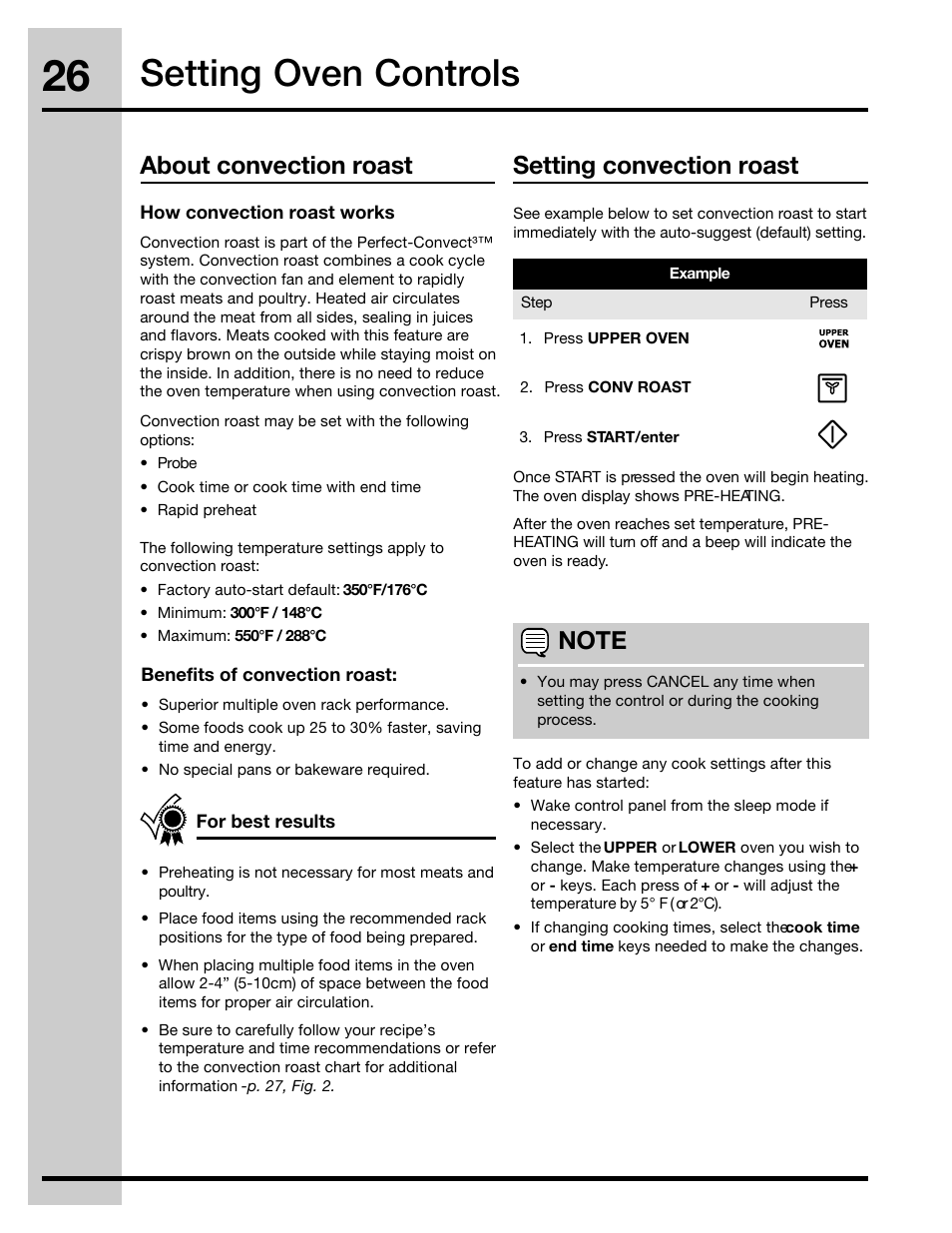 Setting oven controls, About convection roast setting convection roast | Electrolux 30" FREE-STANDING GAS WAVE-TOUCHTM RANGE 316471110 User Manual | Page 26 / 64