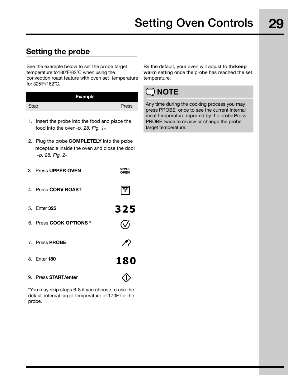 Setting oven controls, Setting the probe | Electrolux 30" FREE-STANDING GAS WAVE-TOUCHTM RANGE 316471110 User Manual | Page 29 / 64