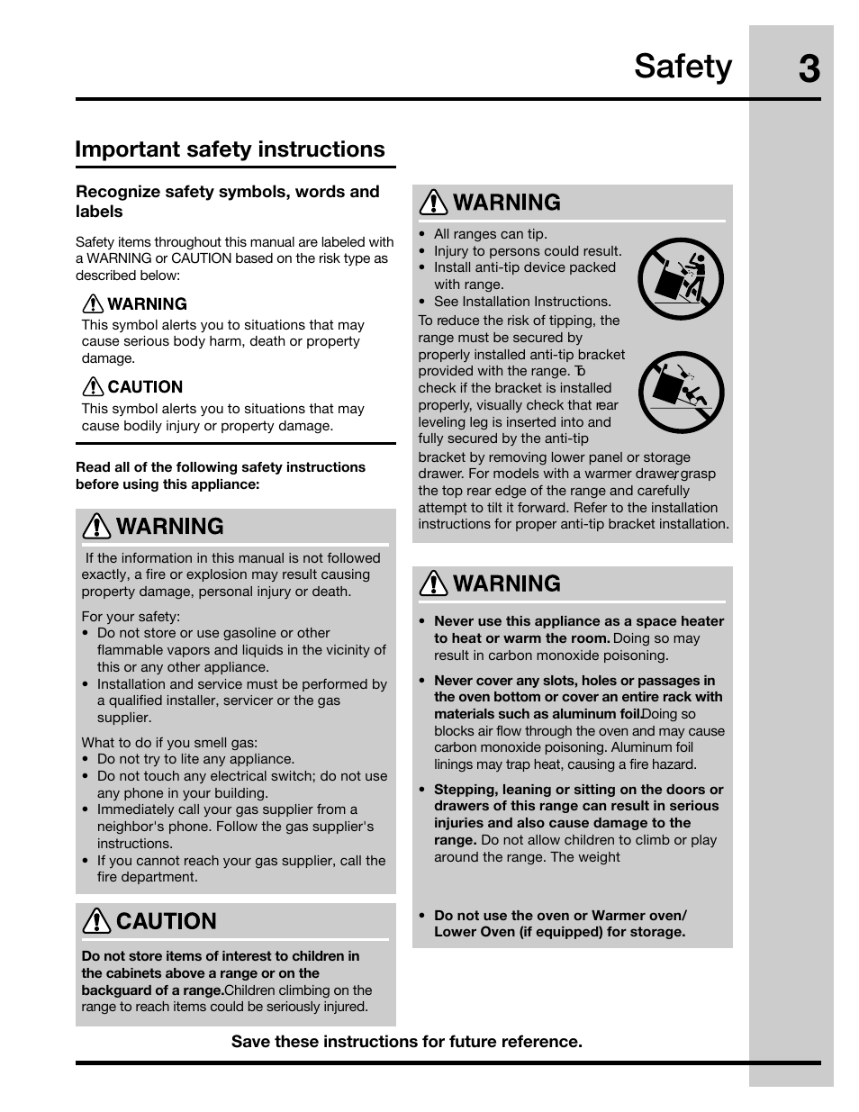 Safety, Important safety instructions | Electrolux 30" FREE-STANDING GAS WAVE-TOUCHTM RANGE 316471110 User Manual | Page 3 / 64