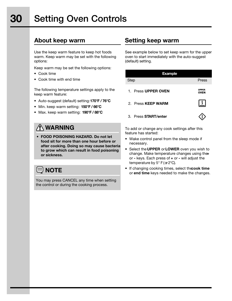 Setting oven controls, About keep warm setting keep warm | Electrolux 30" FREE-STANDING GAS WAVE-TOUCHTM RANGE 316471110 User Manual | Page 30 / 64