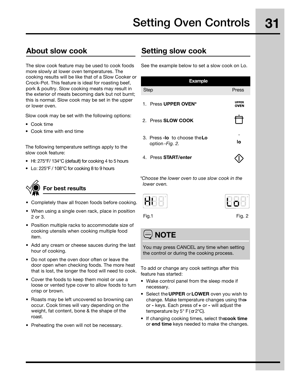 Setting oven controls, About slow cook setting slow cook | Electrolux 30" FREE-STANDING GAS WAVE-TOUCHTM RANGE 316471110 User Manual | Page 31 / 64