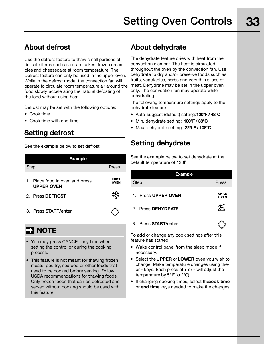 Setting oven controls, About dehydrate setting dehydrate, About defrost setting defrost | Electrolux 30" FREE-STANDING GAS WAVE-TOUCHTM RANGE 316471110 User Manual | Page 33 / 64