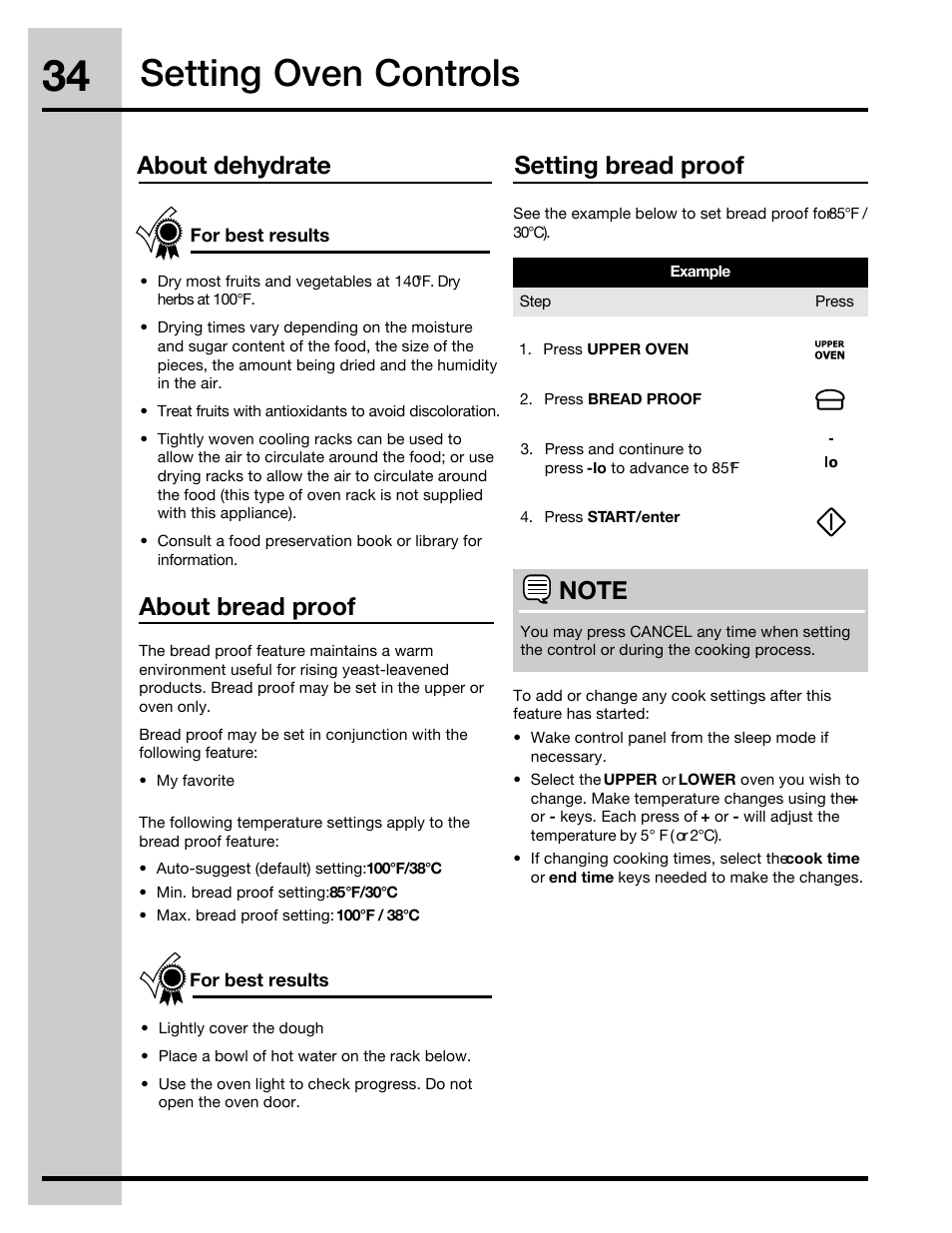 Setting oven controls, About bread proof setting bread proof, About dehydrate | Electrolux 30" FREE-STANDING GAS WAVE-TOUCHTM RANGE 316471110 User Manual | Page 34 / 64