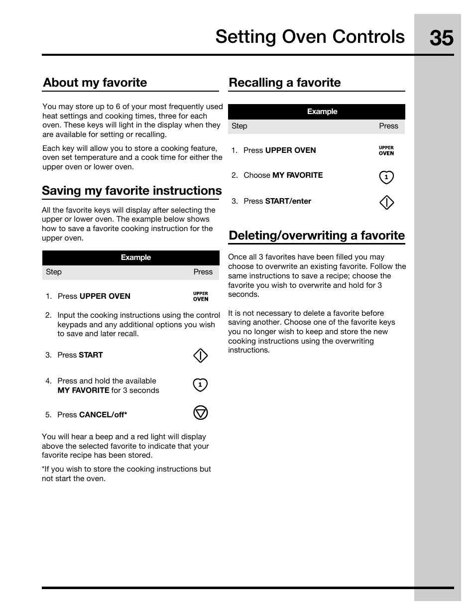 Setting oven controls, Saving my favorite instructions, About my favorite | Electrolux 30" FREE-STANDING GAS WAVE-TOUCHTM RANGE 316471110 User Manual | Page 35 / 64