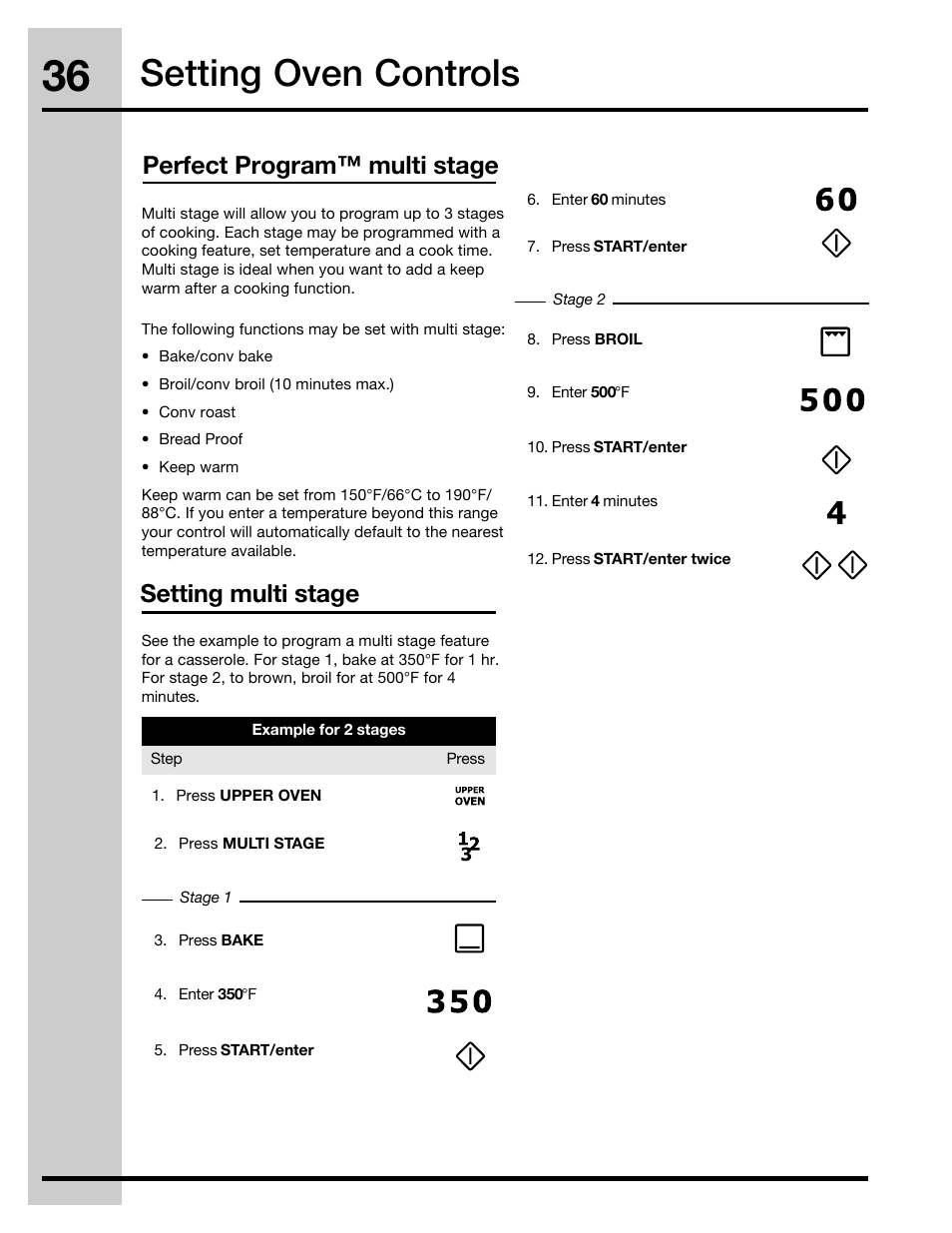 Setting oven controls, Perfect program™ multi stage, Setting multi stage | Electrolux 30" FREE-STANDING GAS WAVE-TOUCHTM RANGE 316471110 User Manual | Page 36 / 64