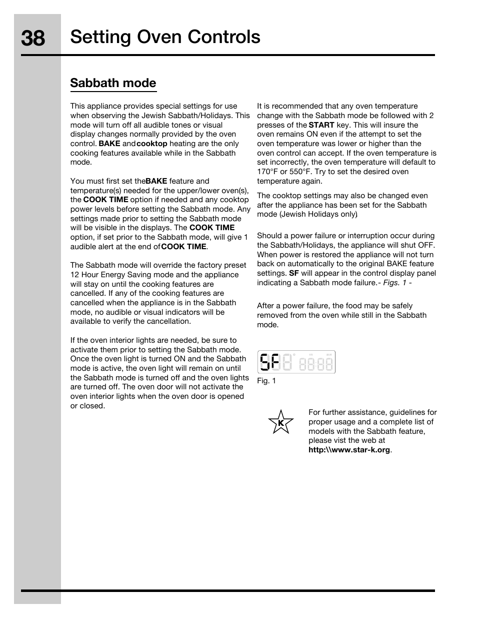 Setting oven controls, Sabbath mode | Electrolux 30" FREE-STANDING GAS WAVE-TOUCHTM RANGE 316471110 User Manual | Page 38 / 64