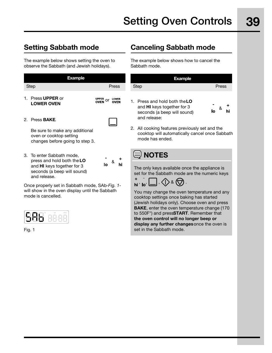 Setting oven controls, Canceling sabbath mode, Setting sabbath mode | Electrolux 30" FREE-STANDING GAS WAVE-TOUCHTM RANGE 316471110 User Manual | Page 39 / 64