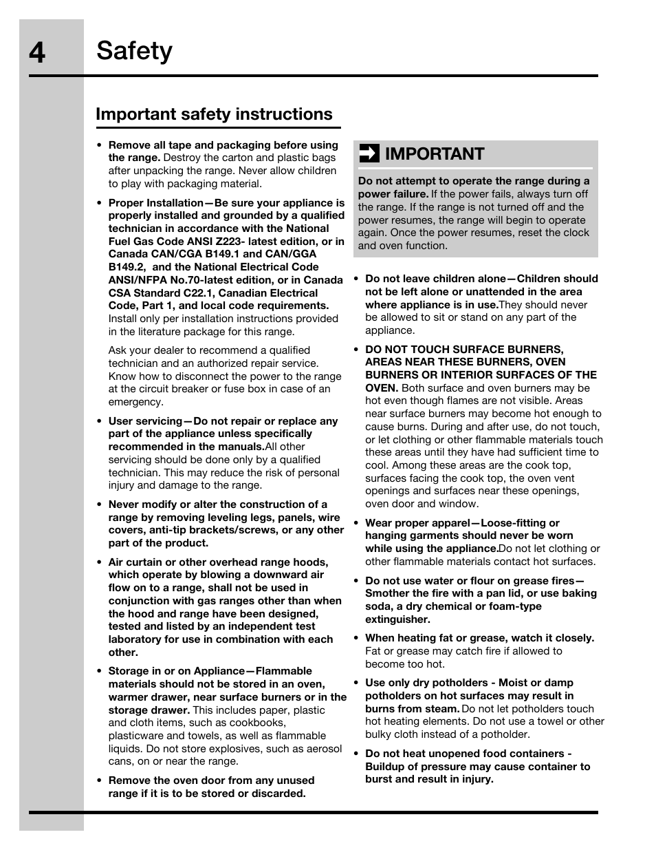 Safety, Important safety instructions, Important | Electrolux 30" FREE-STANDING GAS WAVE-TOUCHTM RANGE 316471110 User Manual | Page 4 / 64