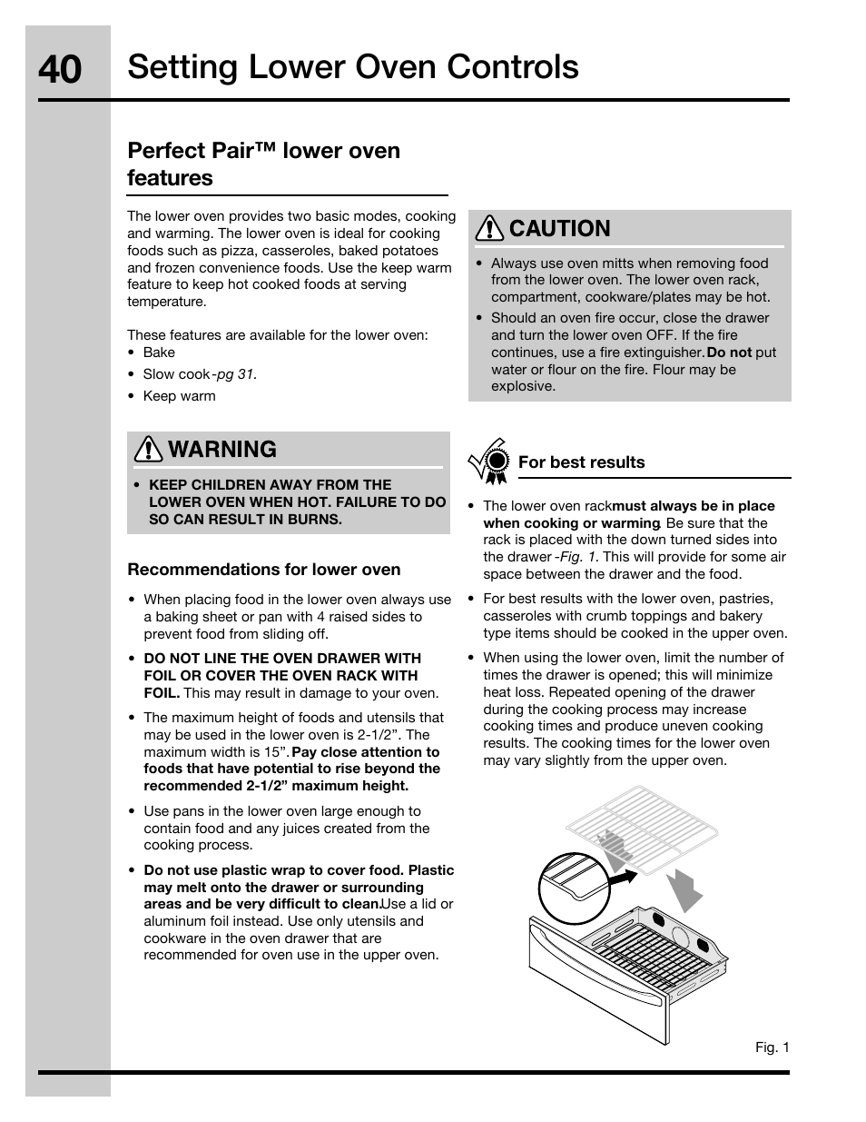 Setting lower oven controls, Perfect pair™ lower oven features | Electrolux 30" FREE-STANDING GAS WAVE-TOUCHTM RANGE 316471110 User Manual | Page 40 / 64