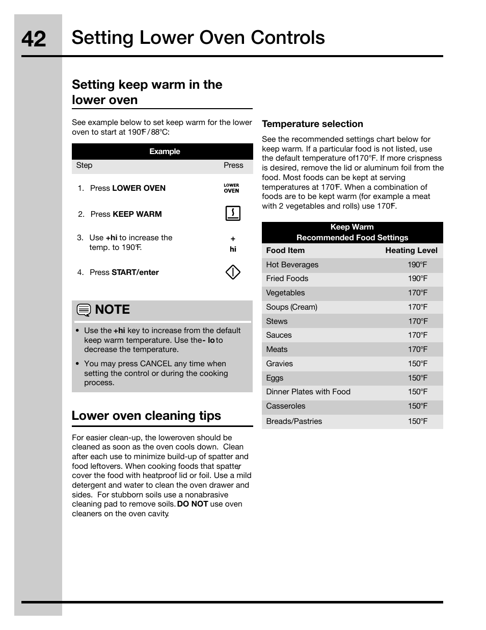 Setting lower oven controls, Lower oven cleaning tips | Electrolux 30" FREE-STANDING GAS WAVE-TOUCHTM RANGE 316471110 User Manual | Page 42 / 64