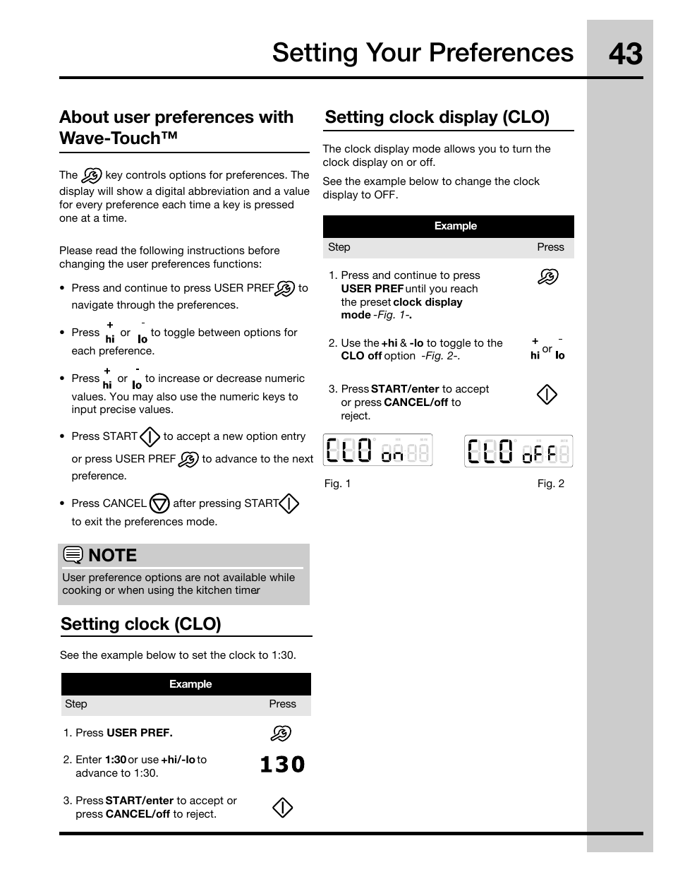 Setting your preferences, Setting clock display (clo), About user preferences with wave-touch | Setting clock (clo) | Electrolux 30" FREE-STANDING GAS WAVE-TOUCHTM RANGE 316471110 User Manual | Page 43 / 64