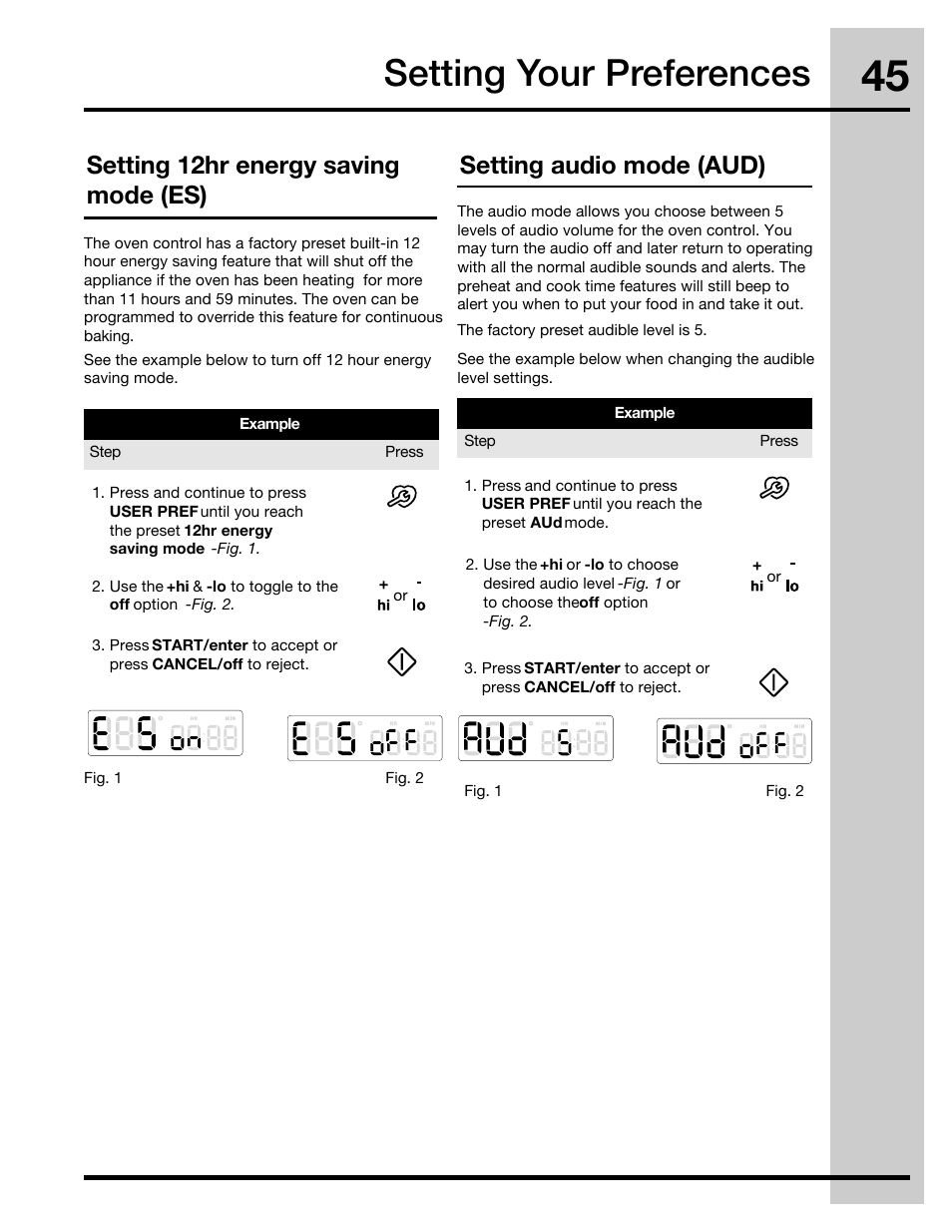 Setting your preferences, Setting 12hr energy saving mode (es), Setting audio mode (aud) | Electrolux 30" FREE-STANDING GAS WAVE-TOUCHTM RANGE 316471110 User Manual | Page 45 / 64