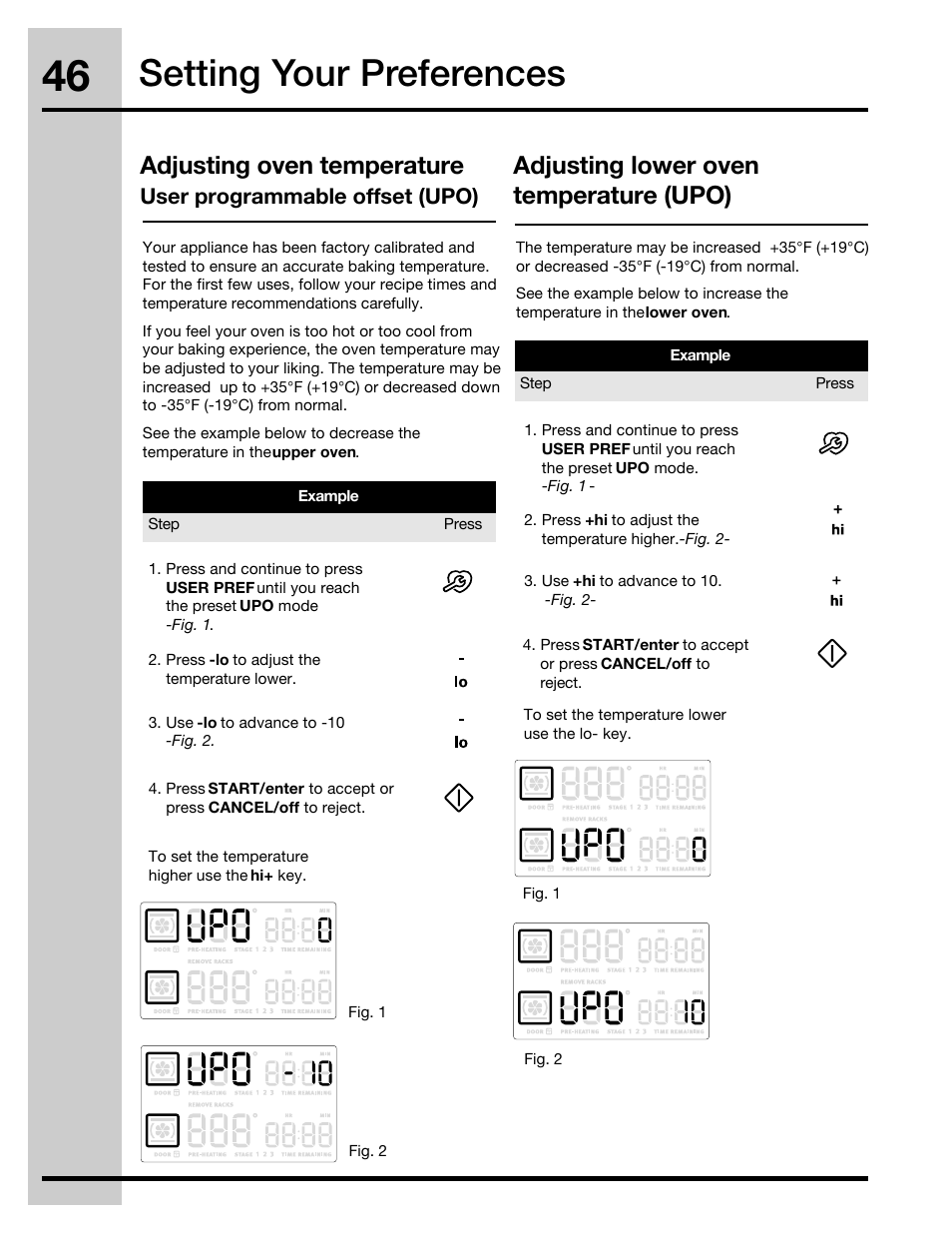 Setting your preferences, Adjusting oven temperature, Adjusting lower oven temperature (upo) | User programmable offset (upo) | Electrolux 30" FREE-STANDING GAS WAVE-TOUCHTM RANGE 316471110 User Manual | Page 46 / 64