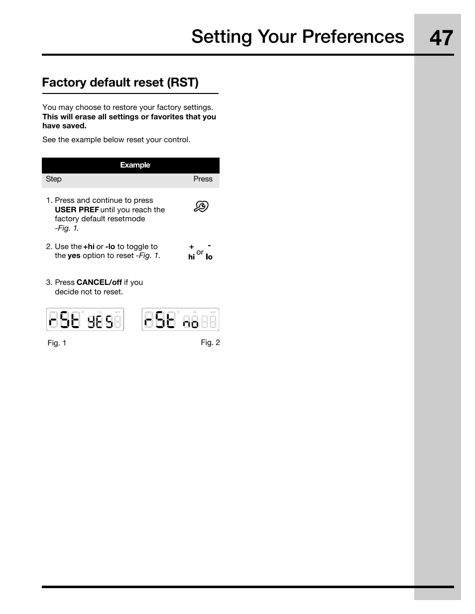 Setting your preferences, Factory default reset (rst) | Electrolux 30" FREE-STANDING GAS WAVE-TOUCHTM RANGE 316471110 User Manual | Page 47 / 64