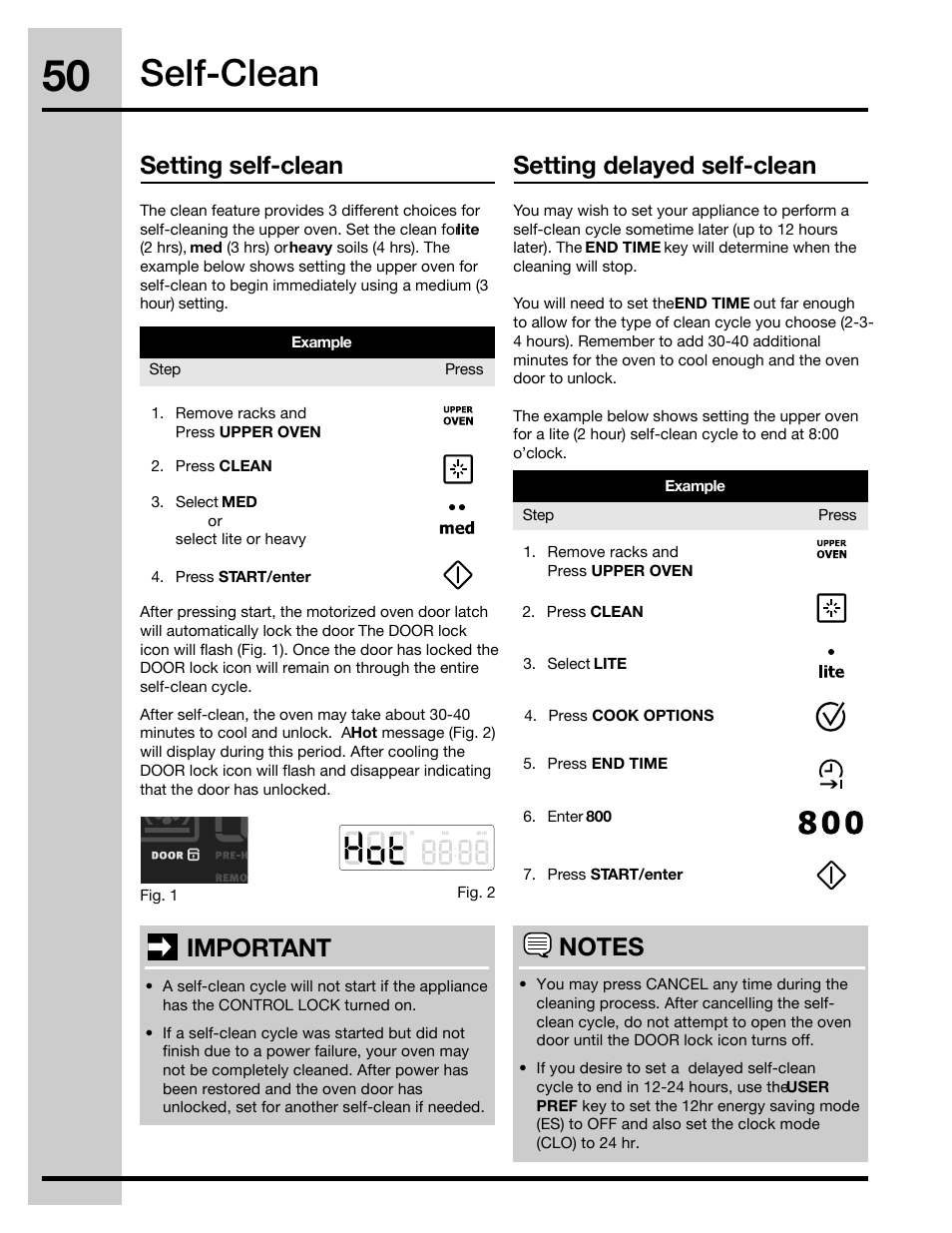 Self-clean, Setting self-clean, Setting delayed self-clean | Important | Electrolux 30" FREE-STANDING GAS WAVE-TOUCHTM RANGE 316471110 User Manual | Page 50 / 64