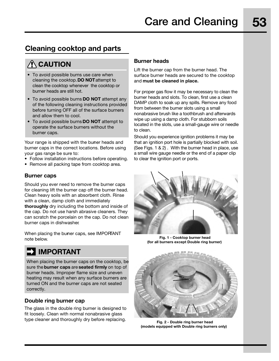 Care and cleaning, Cleaning cooktop and parts, Important | Electrolux 30" FREE-STANDING GAS WAVE-TOUCHTM RANGE 316471110 User Manual | Page 53 / 64