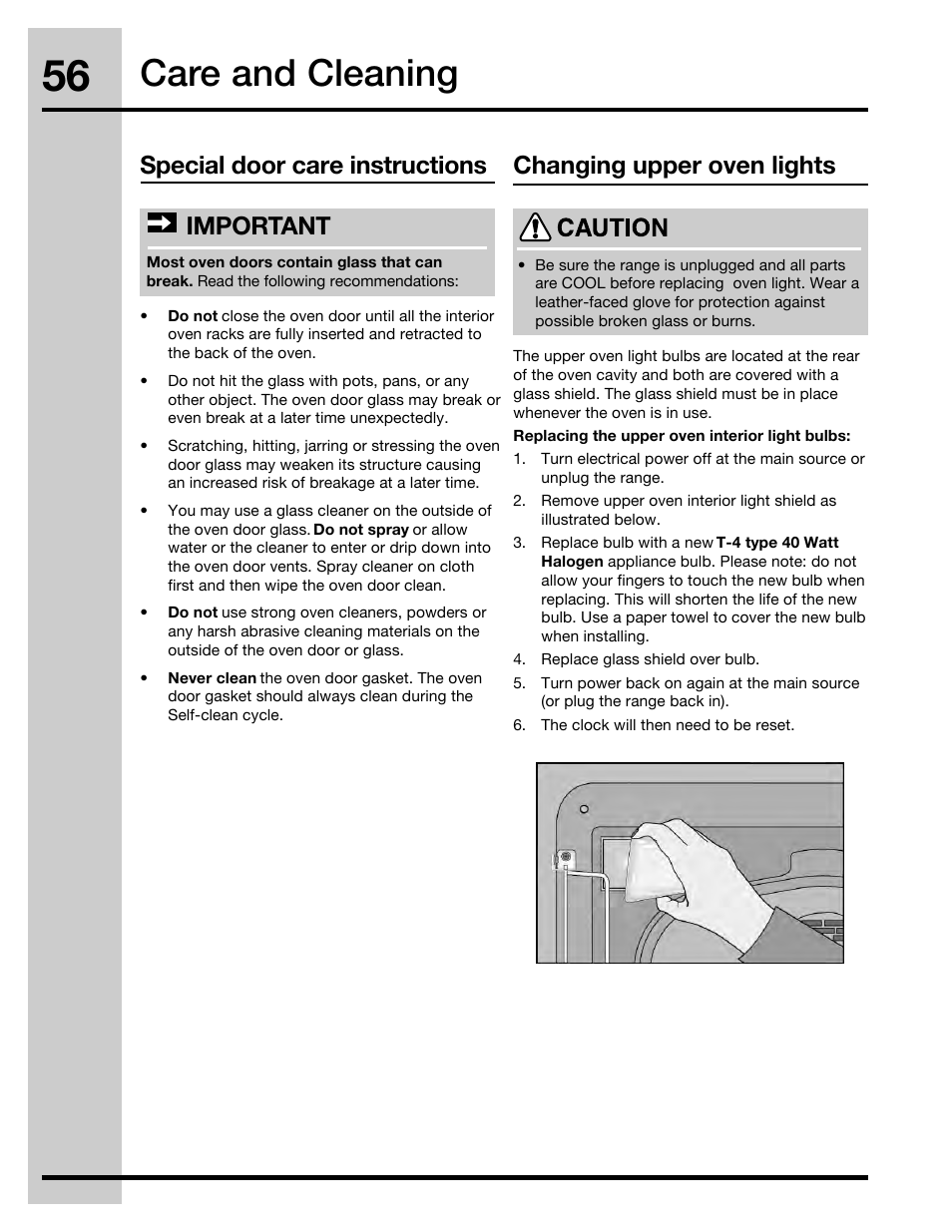 Care and cleaning, Special door care instructions important, Changing upper oven lights | Electrolux 30" FREE-STANDING GAS WAVE-TOUCHTM RANGE 316471110 User Manual | Page 56 / 64