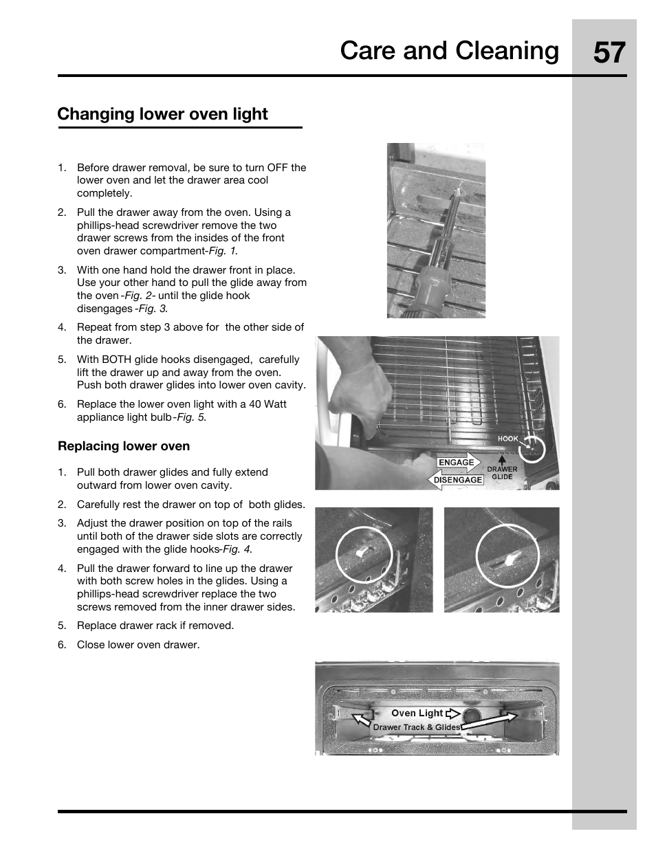 Care and cleaning, Changing lower oven light | Electrolux 30" FREE-STANDING GAS WAVE-TOUCHTM RANGE 316471110 User Manual | Page 57 / 64