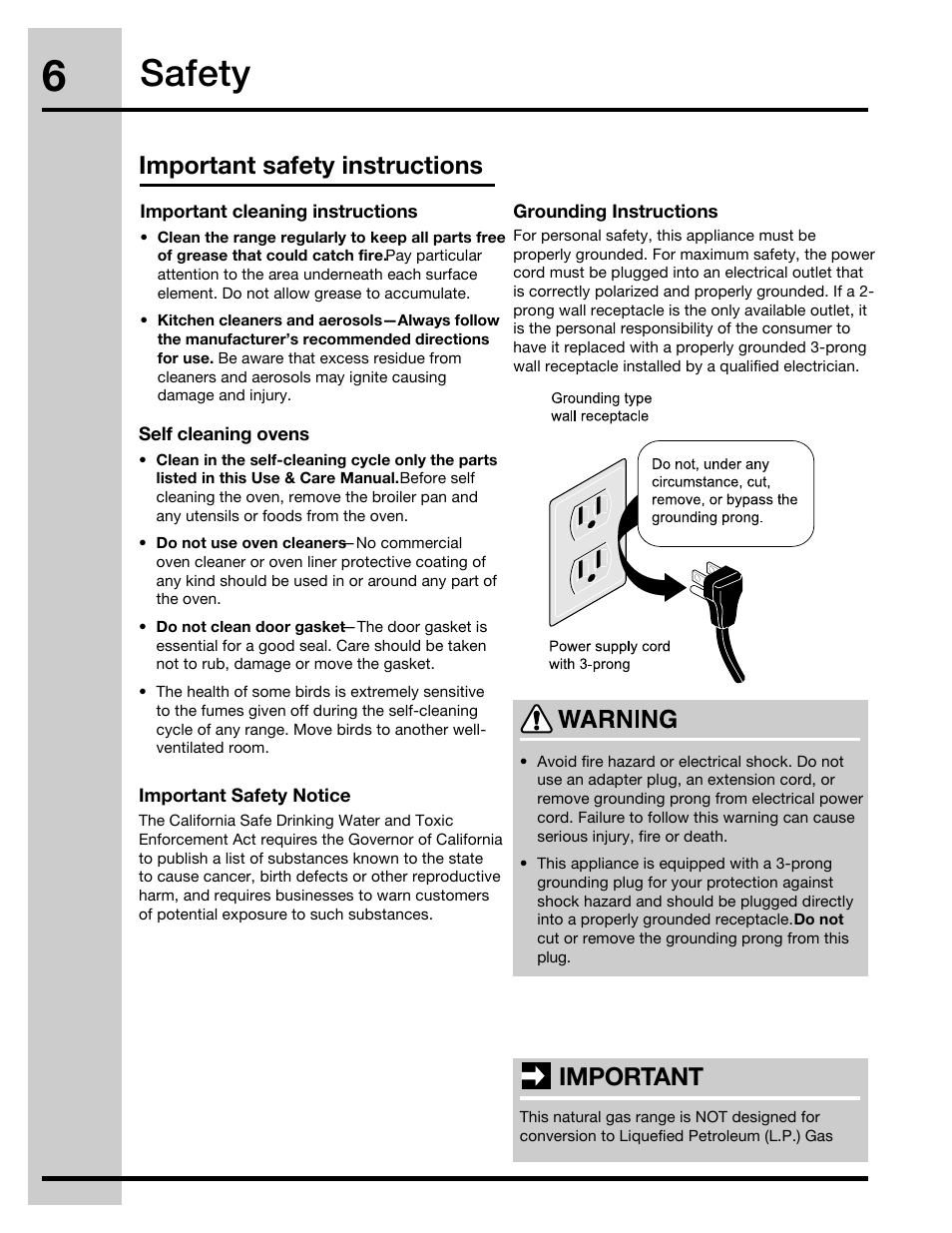 Safety, Important safety instructions, Important | Electrolux 30" FREE-STANDING GAS WAVE-TOUCHTM RANGE 316471110 User Manual | Page 6 / 64