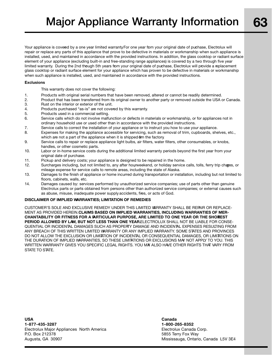 Major appliance warranty information | Electrolux 30" FREE-STANDING GAS WAVE-TOUCHTM RANGE 316471110 User Manual | Page 63 / 64